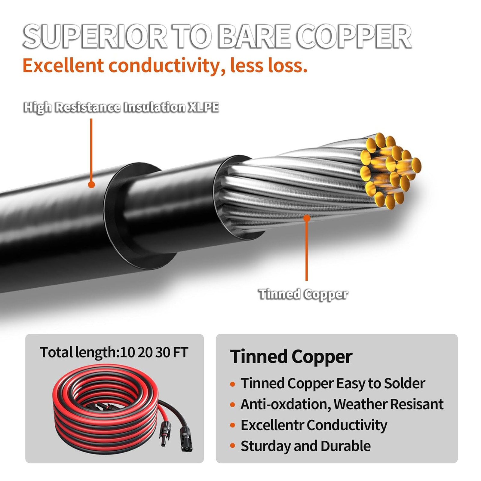10AWG Solar Extension Cable with Connectors, Tinned Copper Wire, IP67