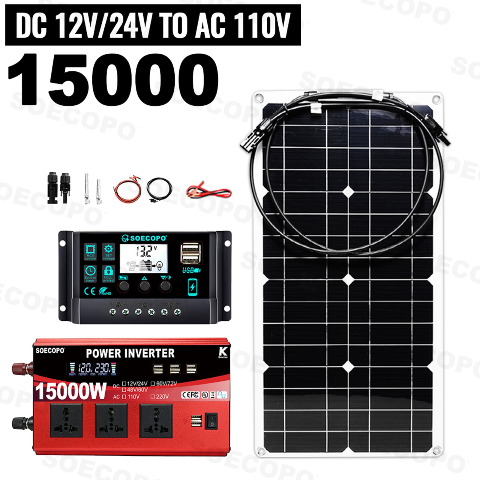 15000W Peak Solar System Kit 12V/24V To 110V 220V Inverter Generator for CampEo