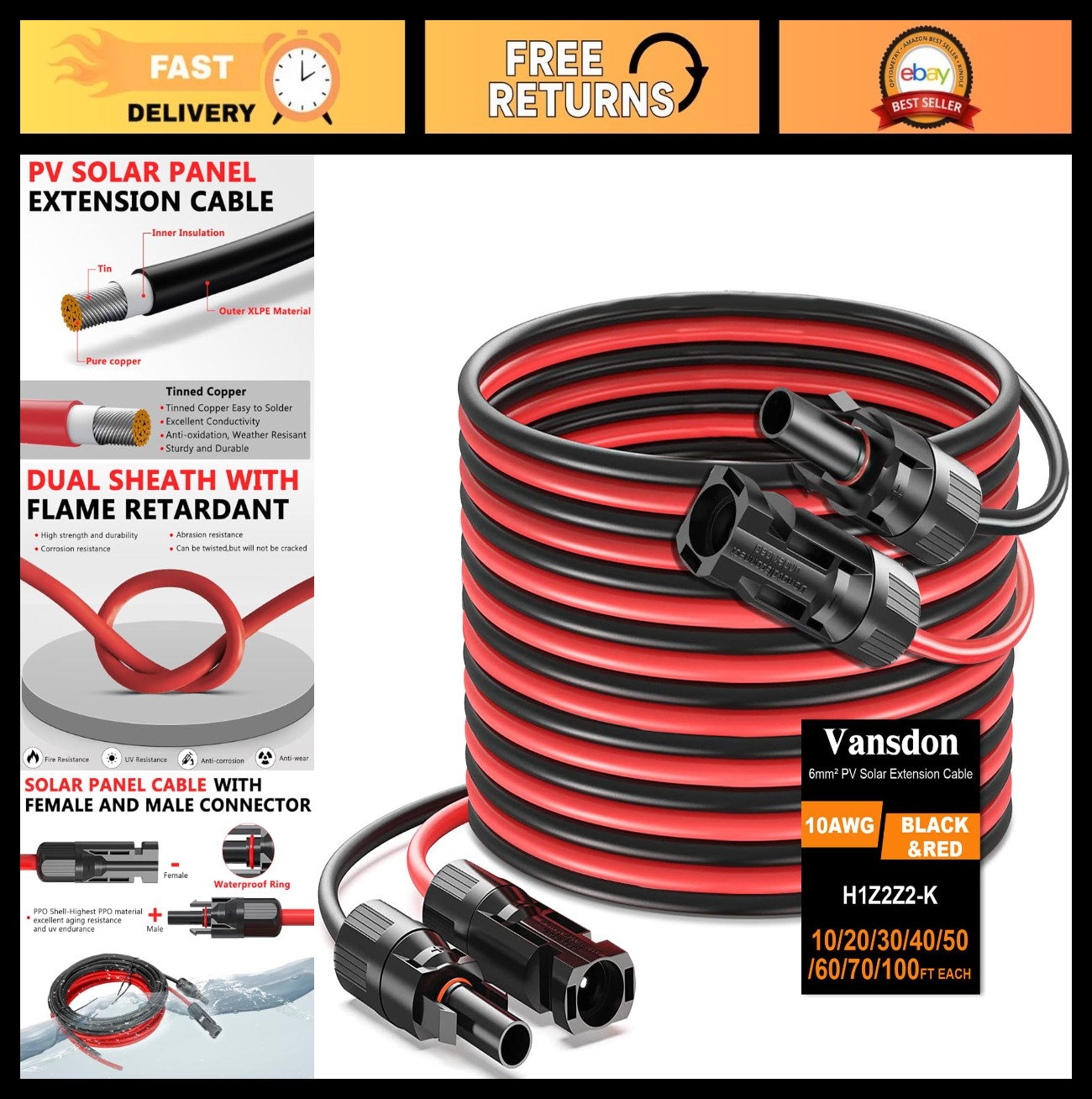 30ft Solar Panel Extension Cable 10AWG with Waterproof Connectors for RV & Solar