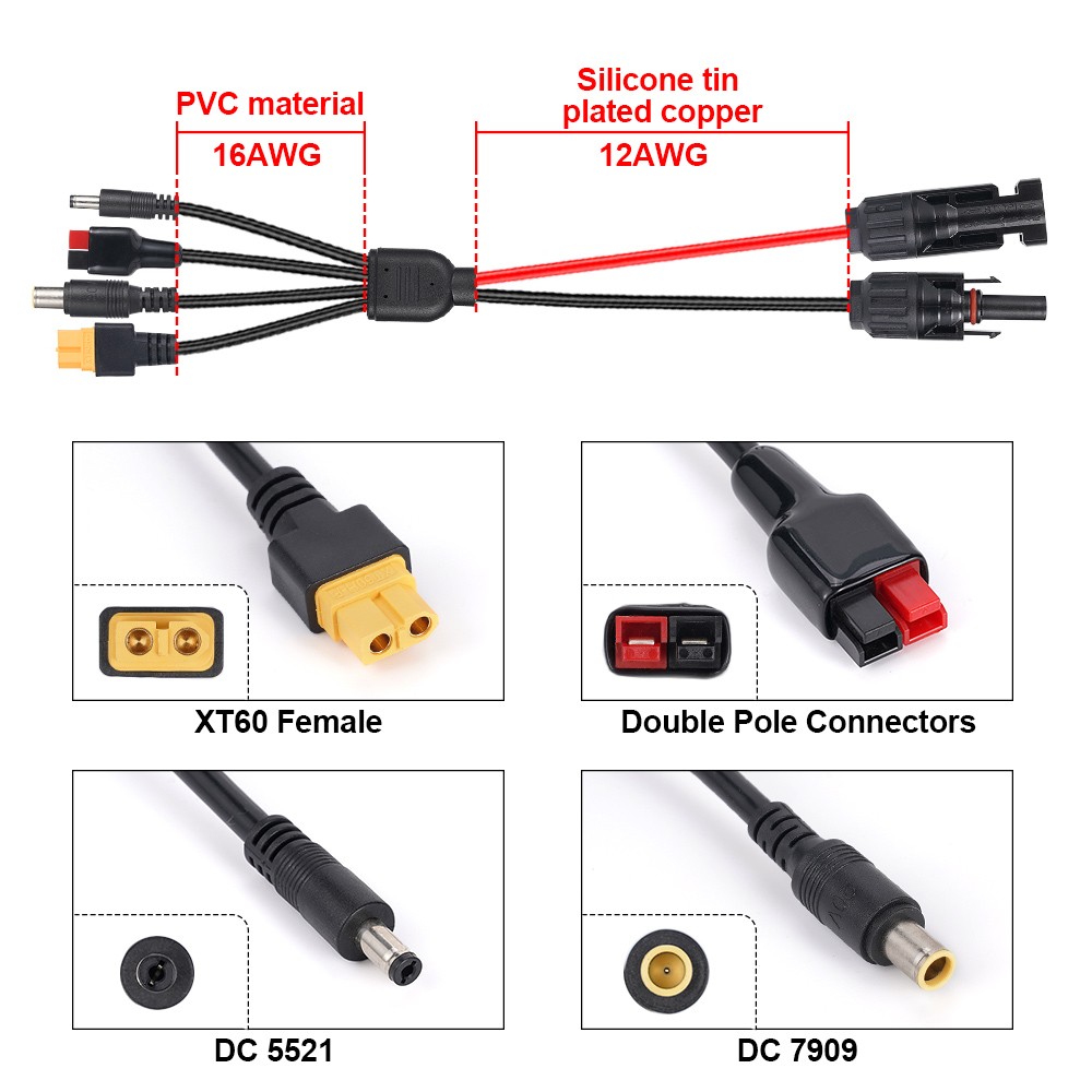 4 In 1 Solar Panel Extension Cable DC5521 7909 XT60 Female Connector PV Wire 3ft
