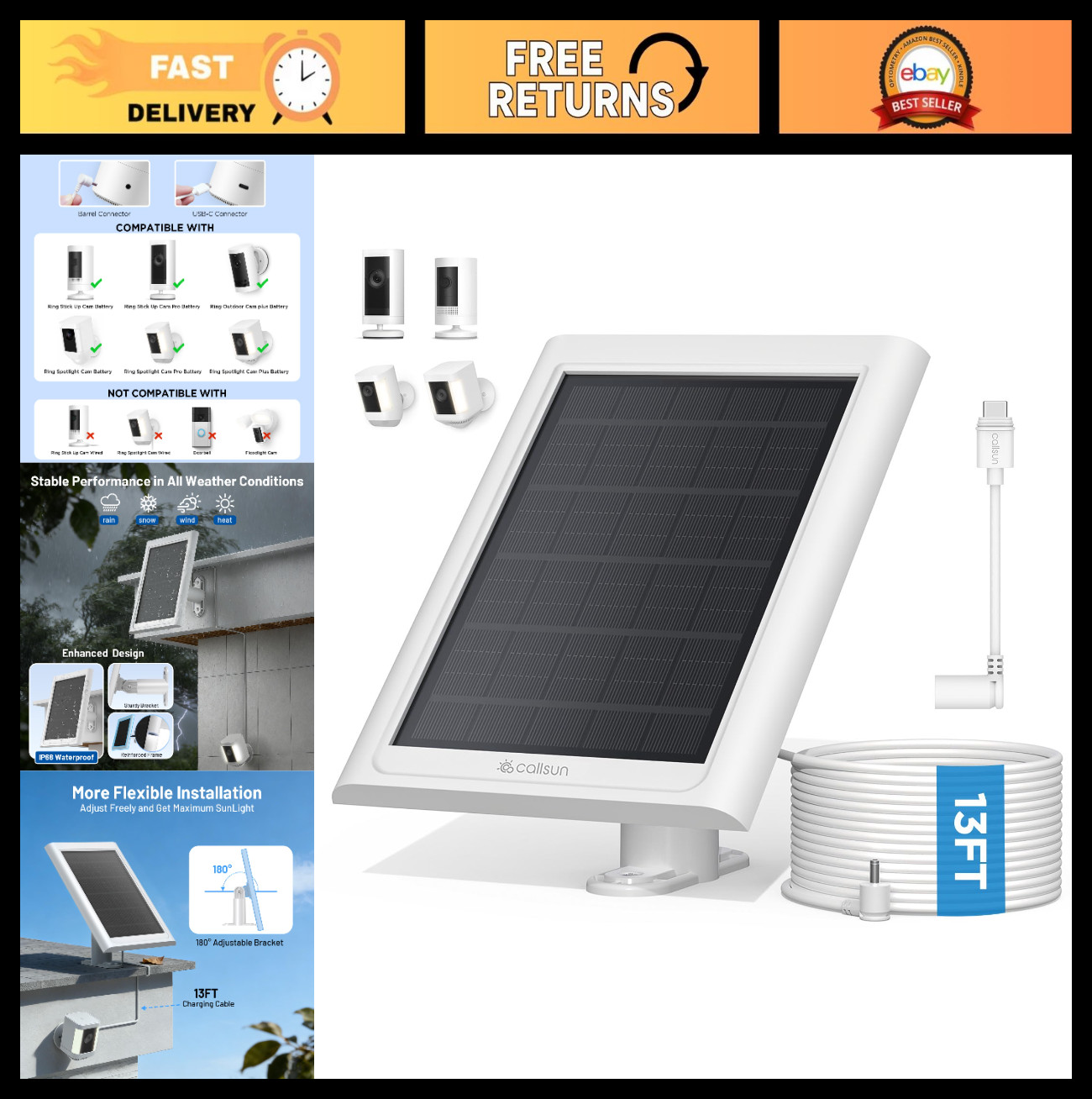 Solar Panel Charger for Ring Camera – IP68 Waterproof, 13ft Cable, USB-C Adapter