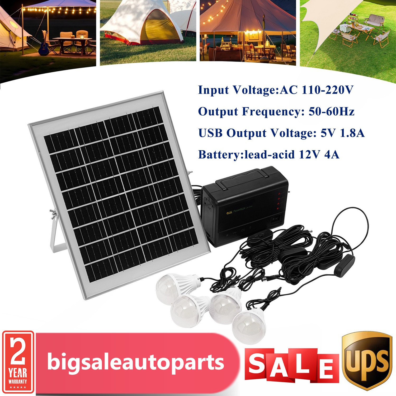 Portable Power Station with Solar Panel Camping Solar Generator w/4 Bulbs IP65