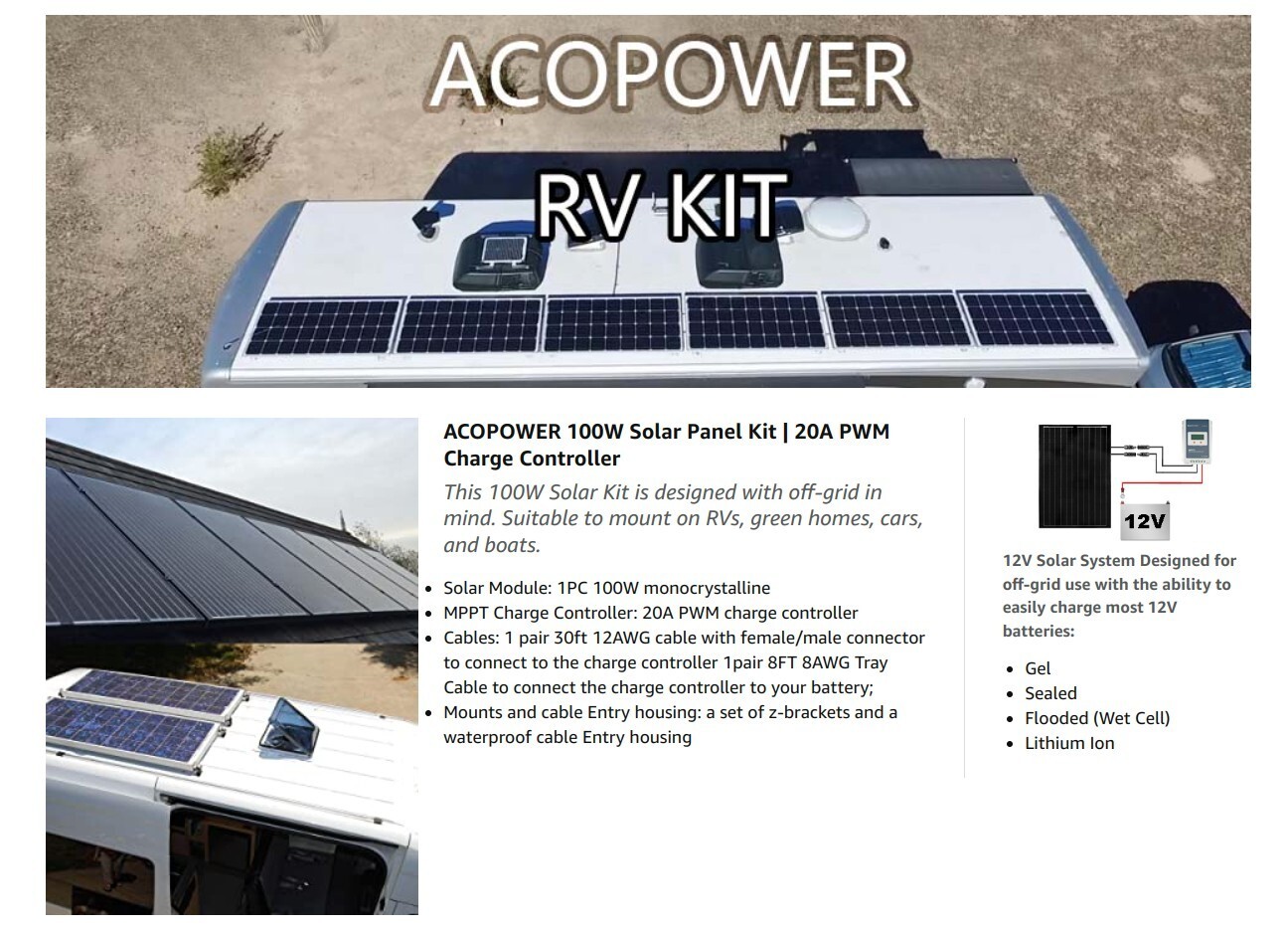 RV SOLAR Starter Package 100W 12V Monocrystalline With 20 AMP CHARGER CONTROL