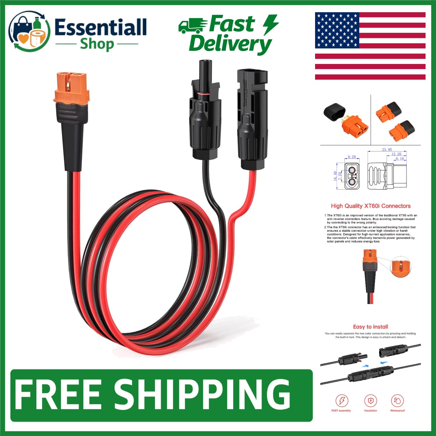 12AWG 2FT Solar to XT60i Adapter Cable – Prevents Polarity Damage & Waterproof