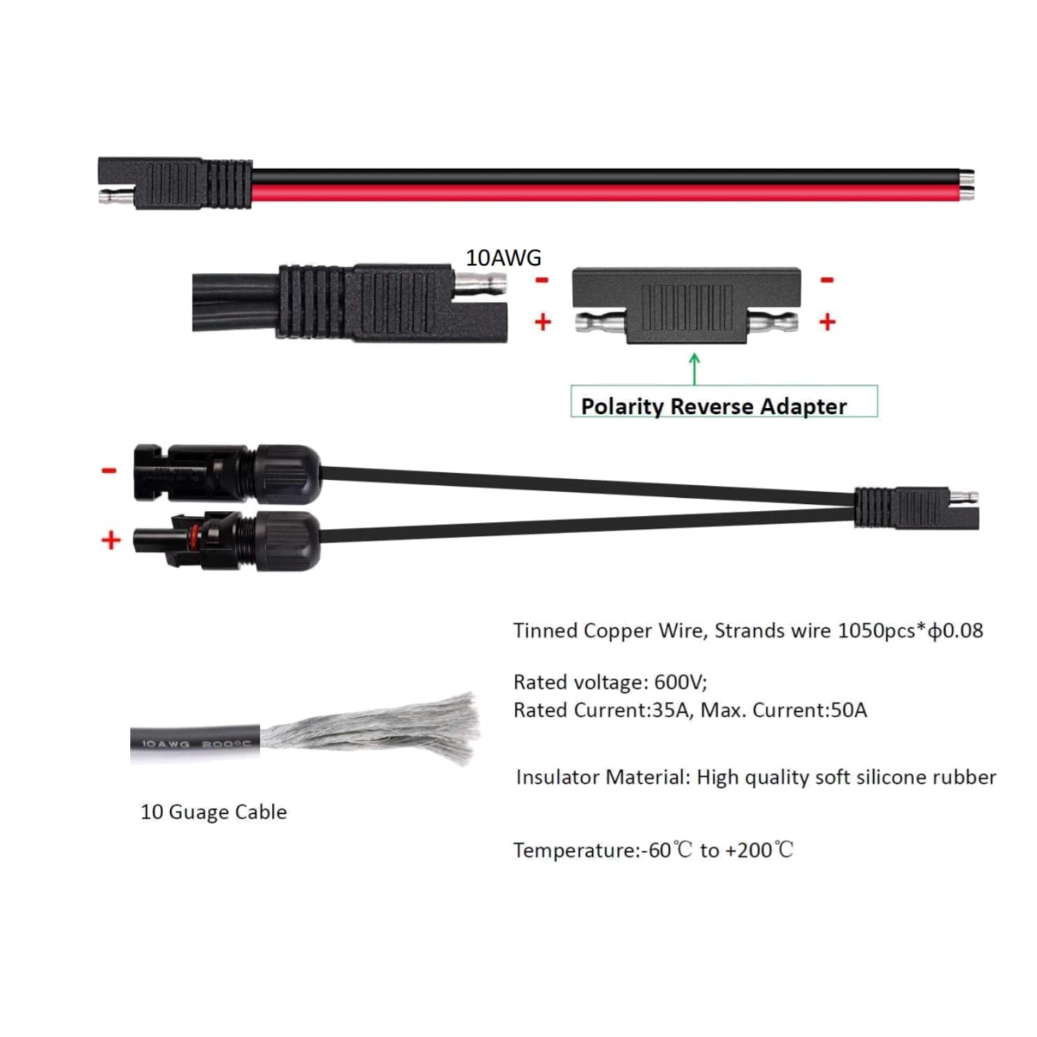 35A Rated Solar Panel Connector Cable with Reverse Adapters