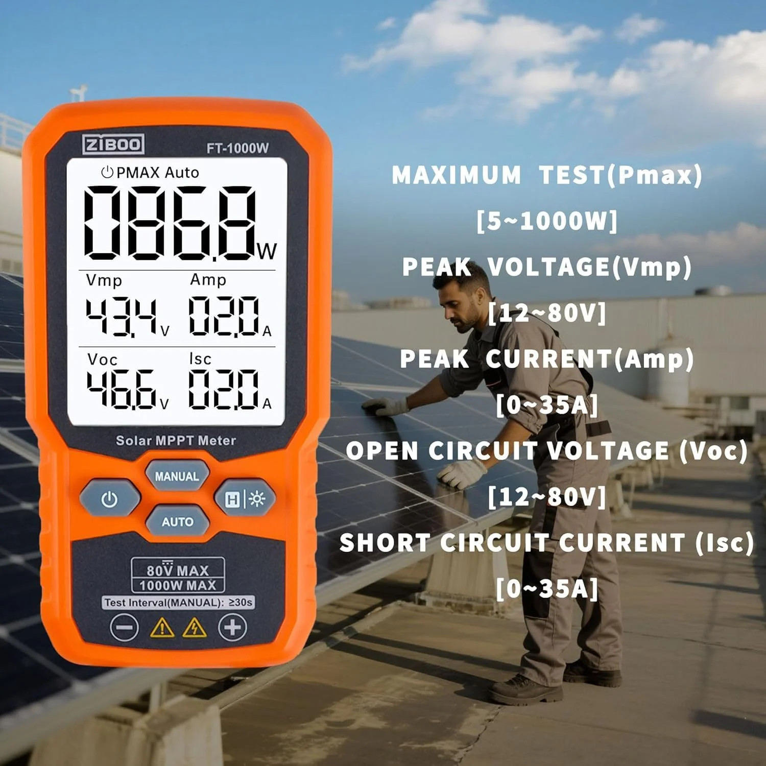 1000W Solar Panel Tester MPPT Meter – 80V/35A PV Module Tester with Backlight