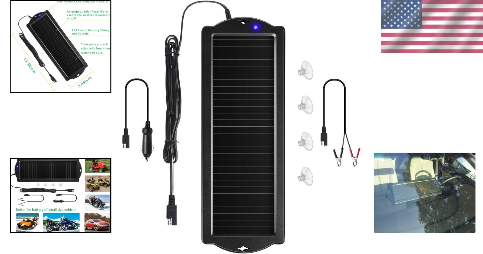 Eco-Friendly 12V Solar Battery Charger & Maintainer with Cigarette Lighter Plug