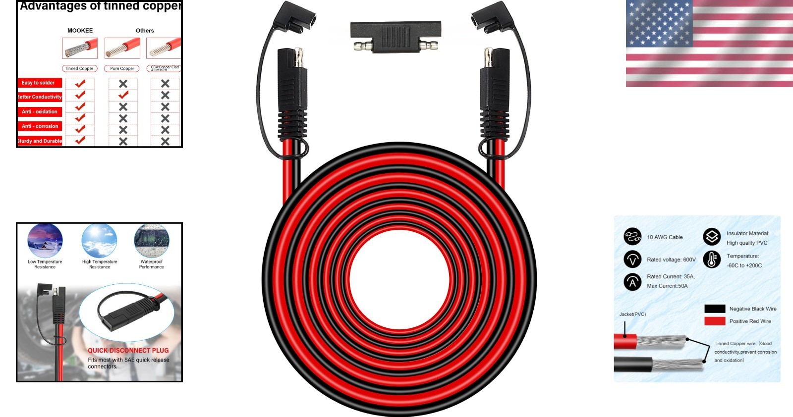 30ft SAE Extension Cord | 10AWG Tinned Copper Wire | Weatherproof | 600V