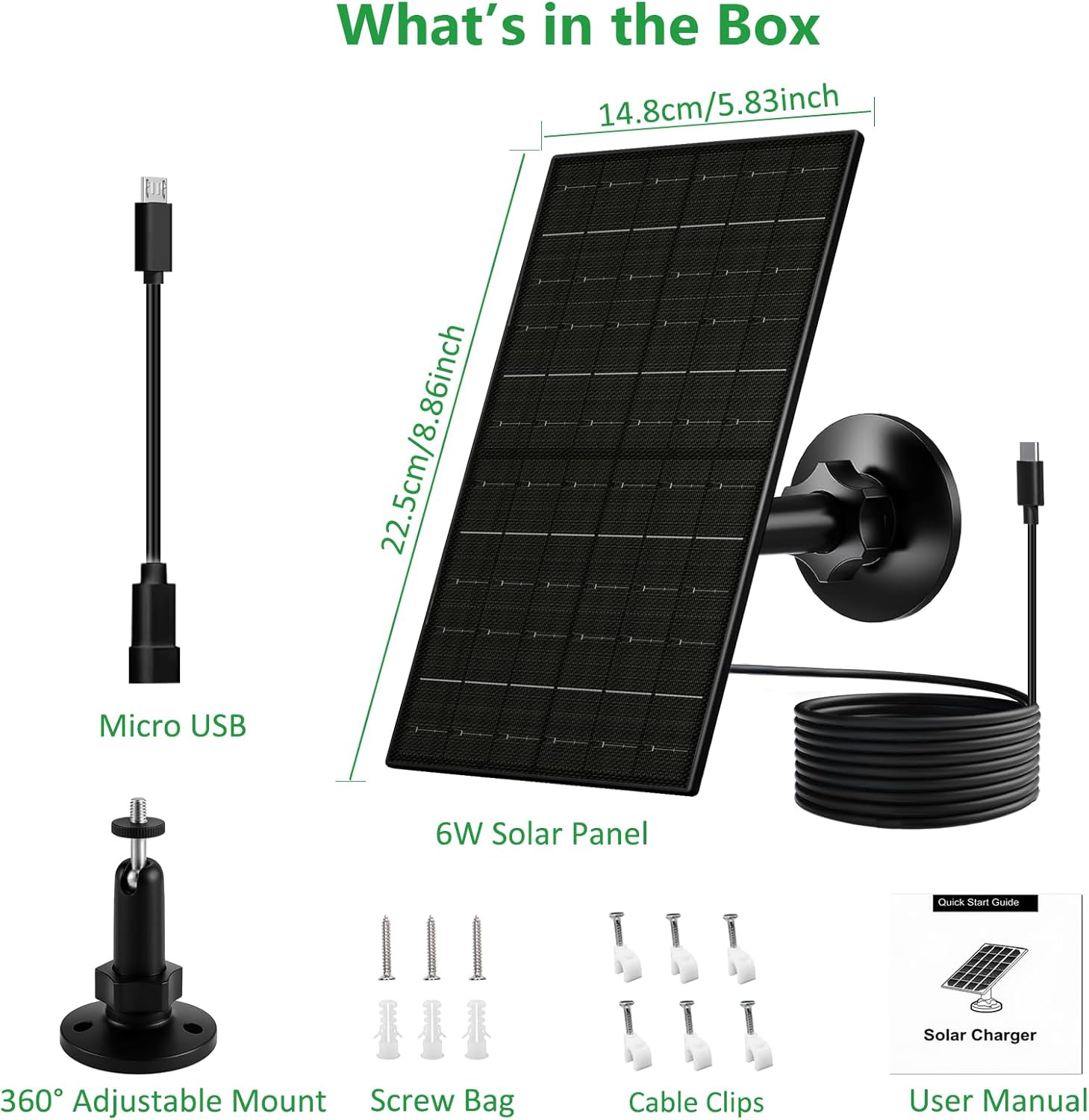6W Security Camera Solar Panel, 5V USB-C/USB Solar Charger Compatible with Recha