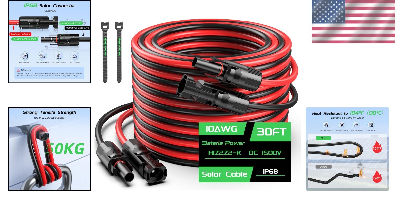 30FT 10AWG Solar Cable with Stable Lock Design