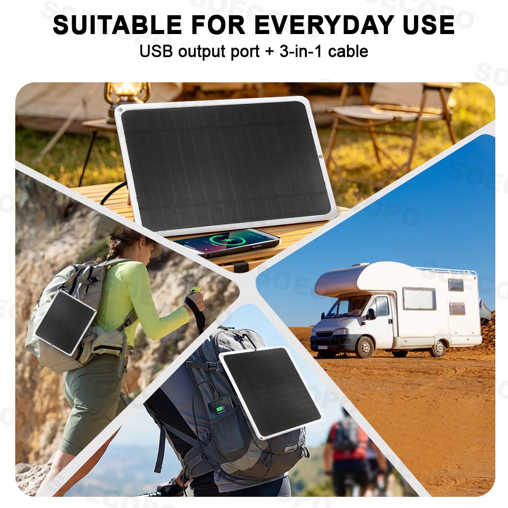 20W Flexible Mono Solar Panel USB Charger Phone Camping 3-in-1 Cable Included