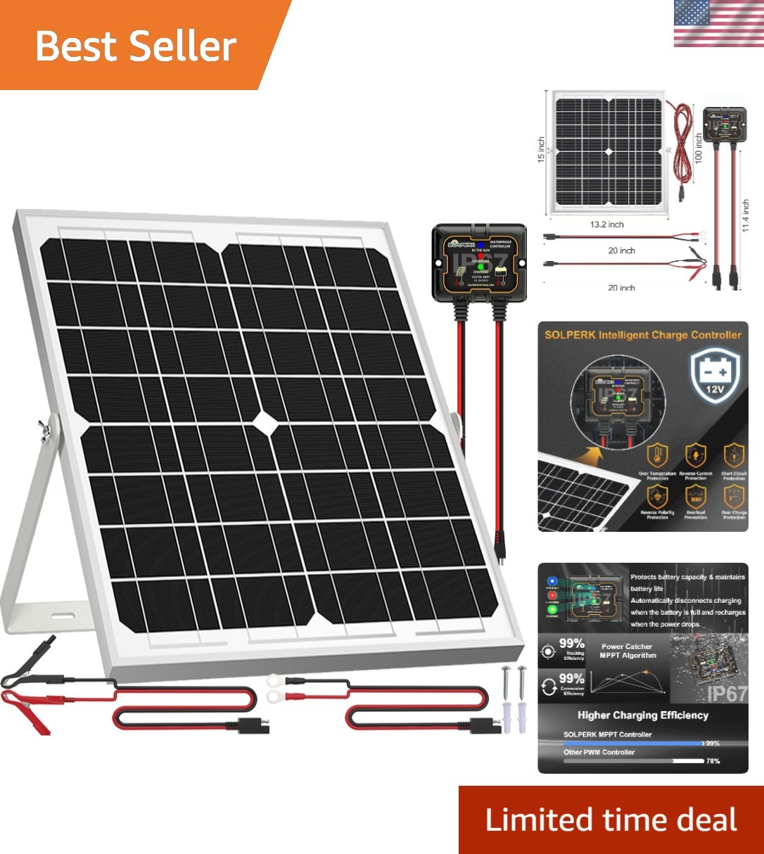 High Conversion 20W Solar Panel with Smart Controller & 360° Mount for Vehicles