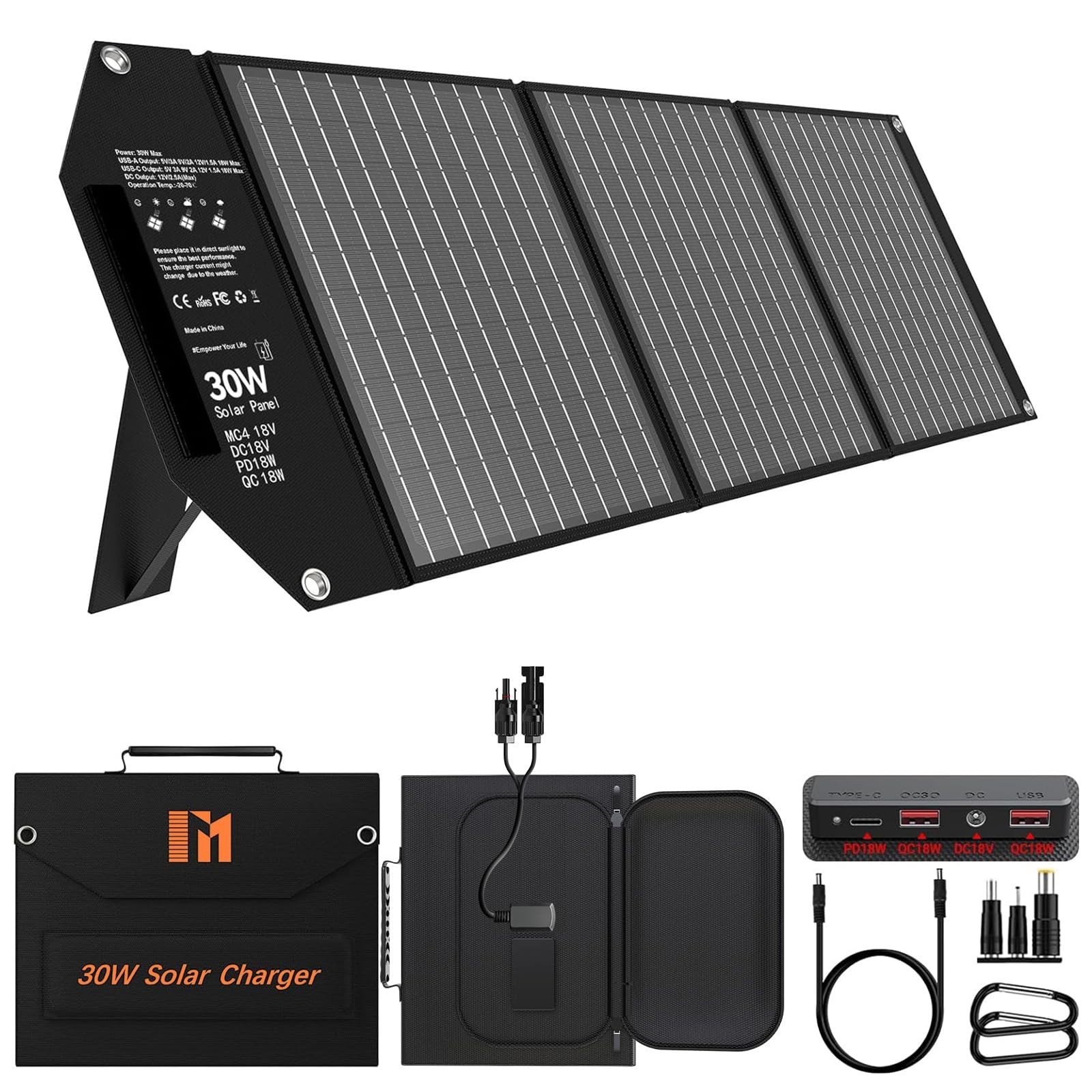 30W Portable Solar Panel Charger, Foldable USB-C & USB-A, Fast Charging for Camp