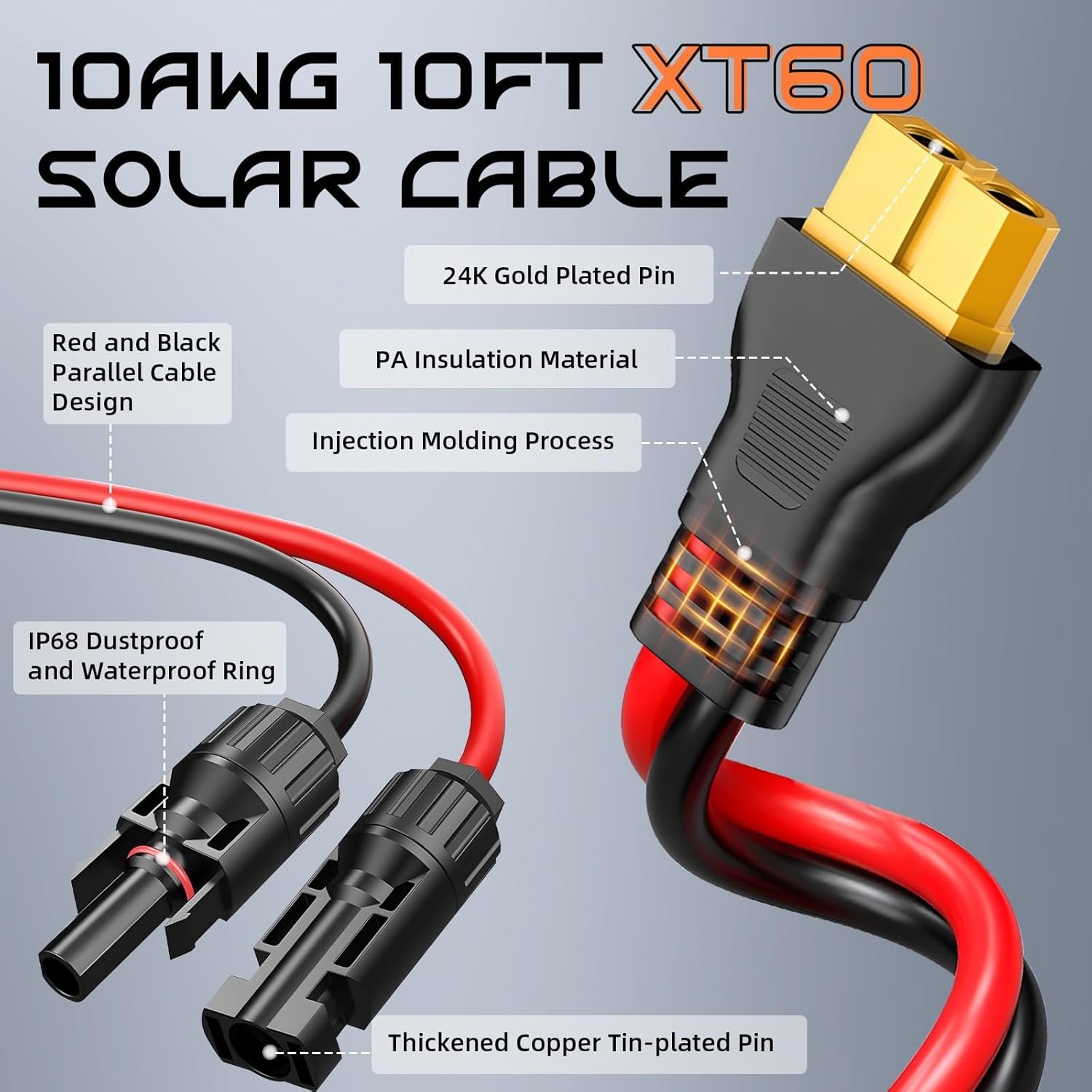 10AWG 10FT XT60 Solar Charging Cable, Solar Panel Connector to XT60 Extension Ch