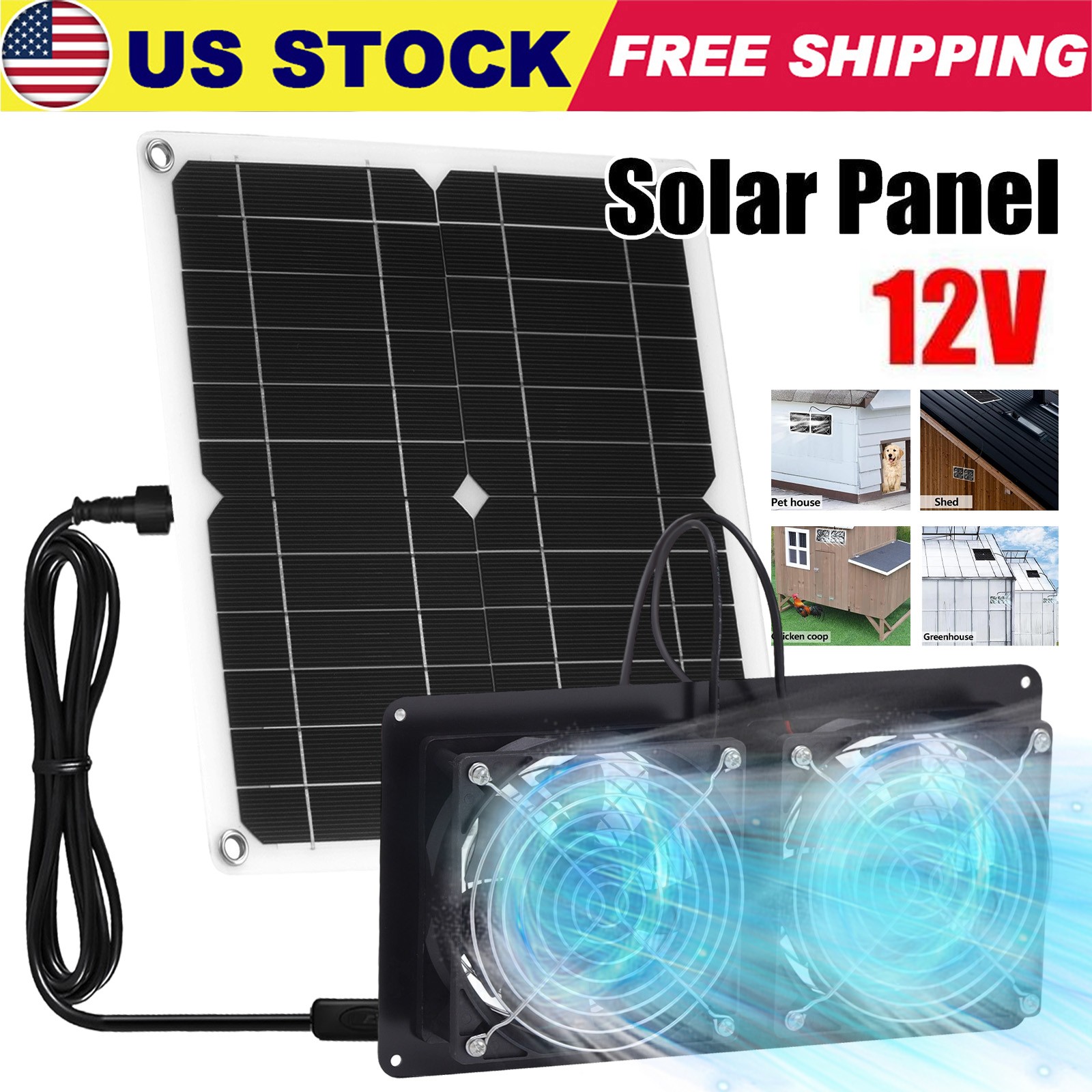 15W Solar Panel Exhaust Fan Double Shutter Ventilation Vent Fan For Pet House