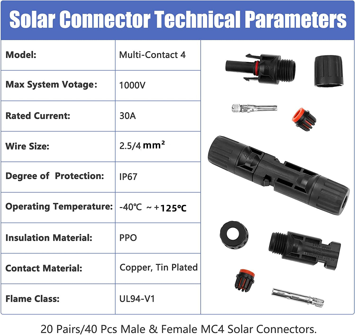 20Pairs Solar Cable Connectors 4mm-6mm 30Amp Waterproof Solar Panel Wire Joiners