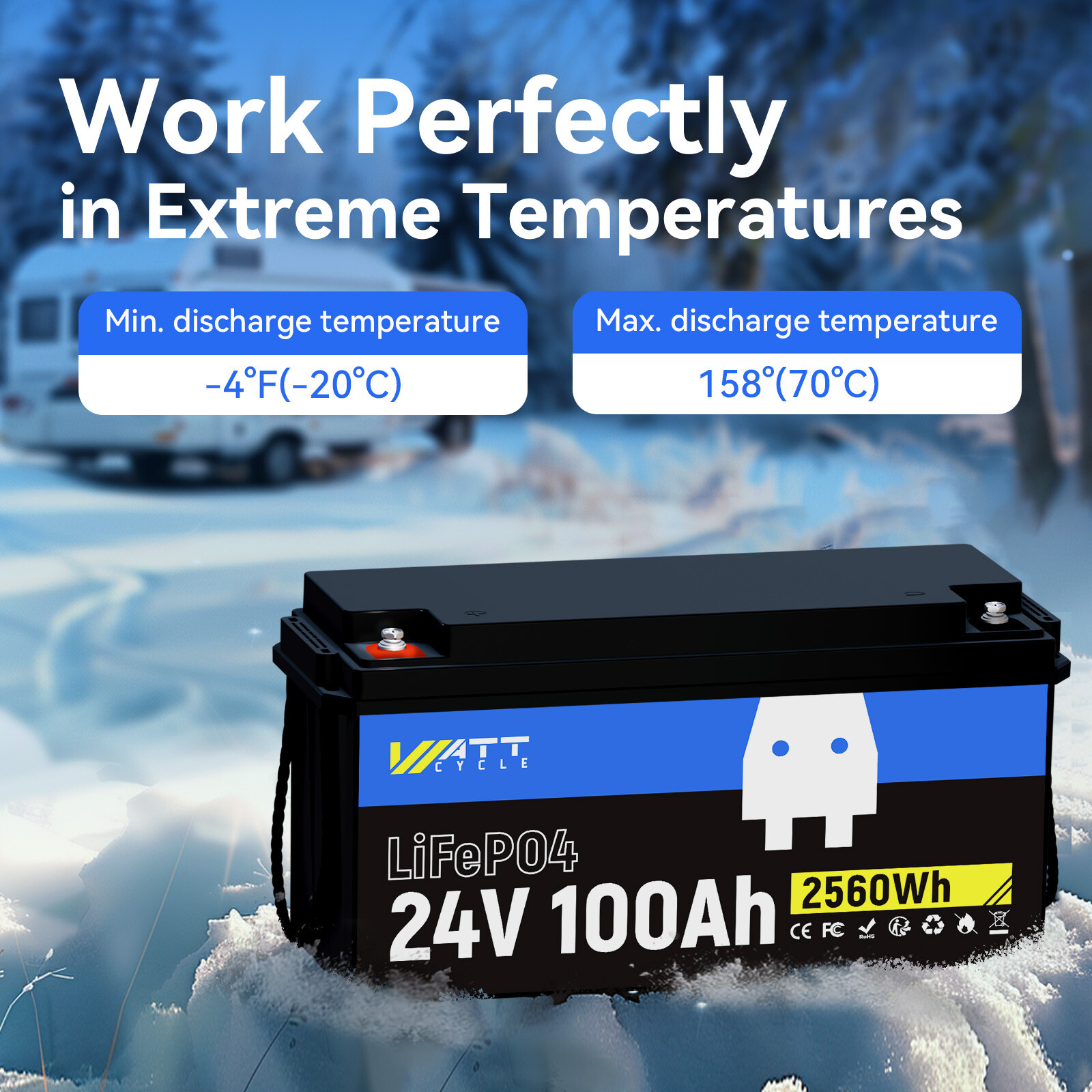 Wattcycle 12V 100Ah LiFePO4 Lithium Battery Low-Temp Cut-off for Trolling Motor