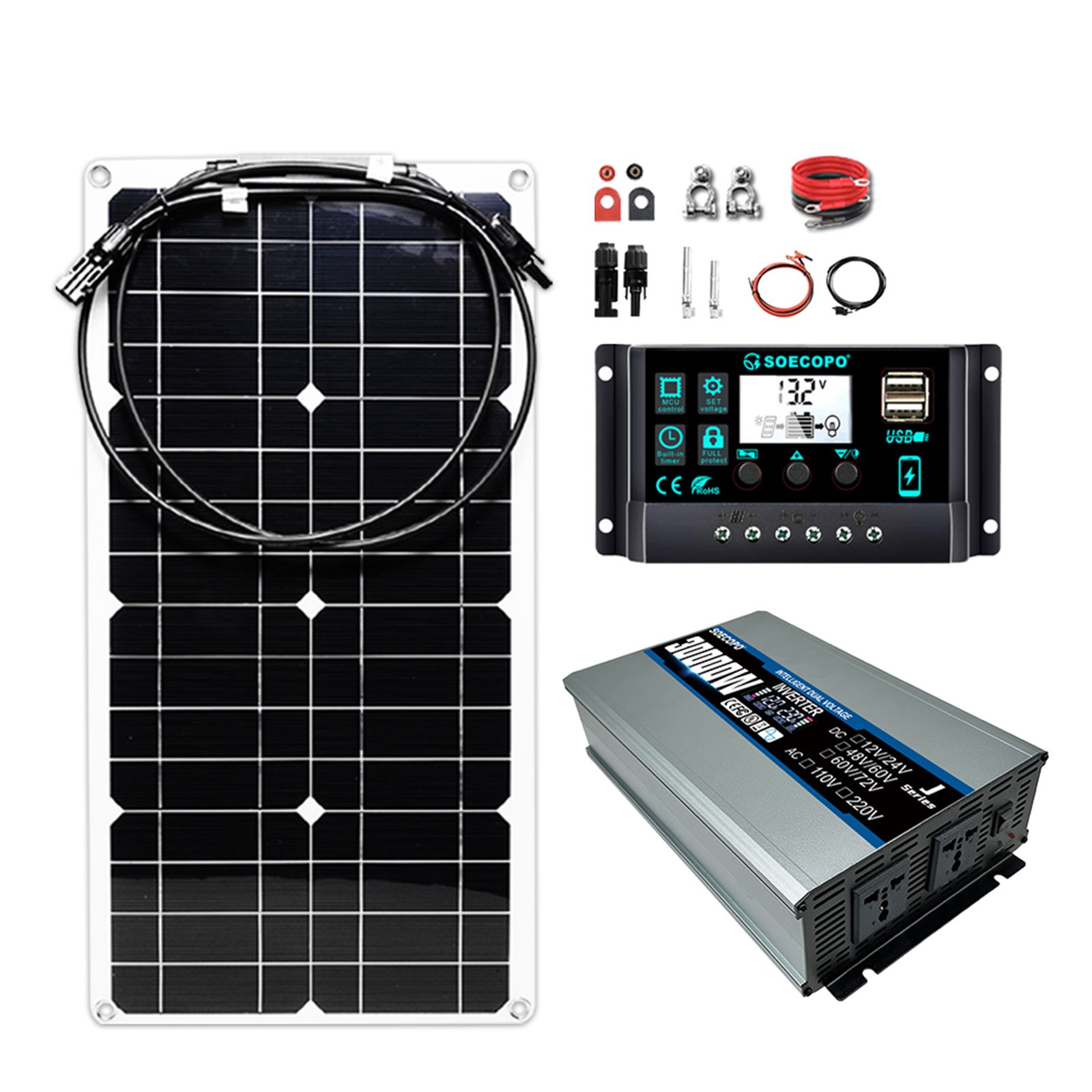 30000W Peak Solar System Kit FlexiblePanel 100A Controller 12V24V To 110V 220V