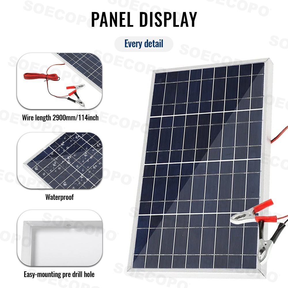 100W 18V Portable Solar Panel 12V Car RV Boat Battery Charger Clips