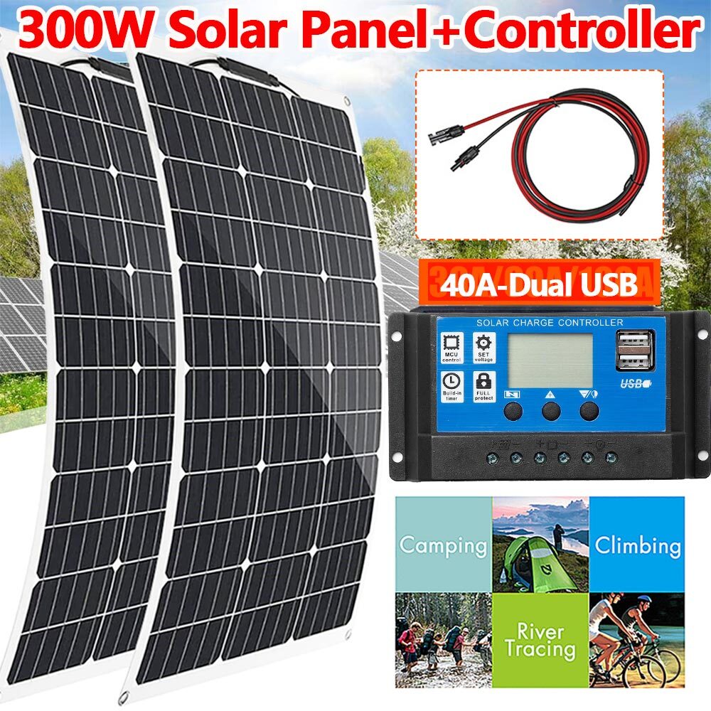 150W 300W Watt 12V Portable Flexible Solar Panel Kit RV Camping Off-Grid Rooftop