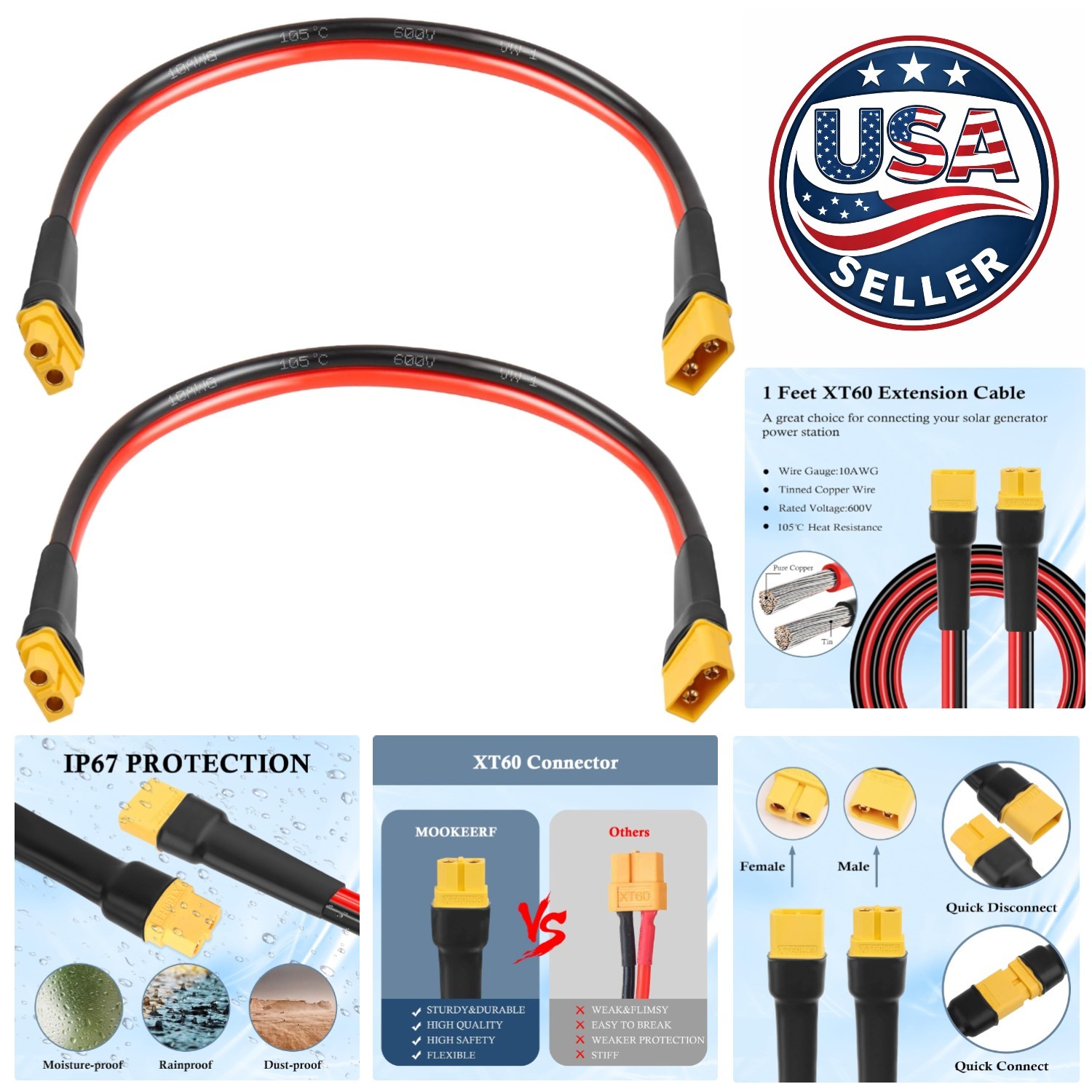 Versatile 10AWG XT60 Extension Cable for RC Batteries and Power Stations