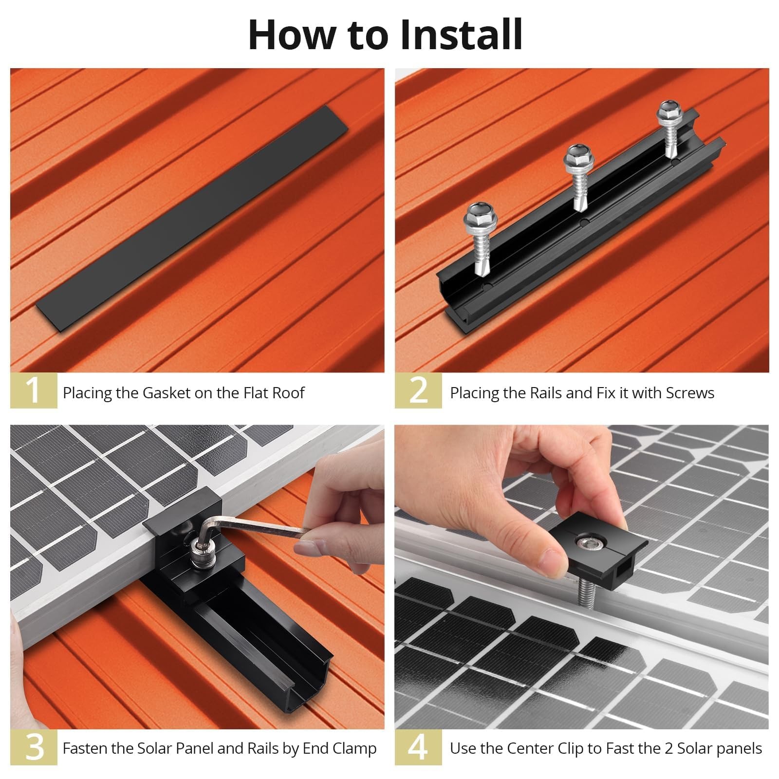 Aluminium Solar Panel Mounting Rail & Adjustable Clamps Bracket Kit 6PC Black