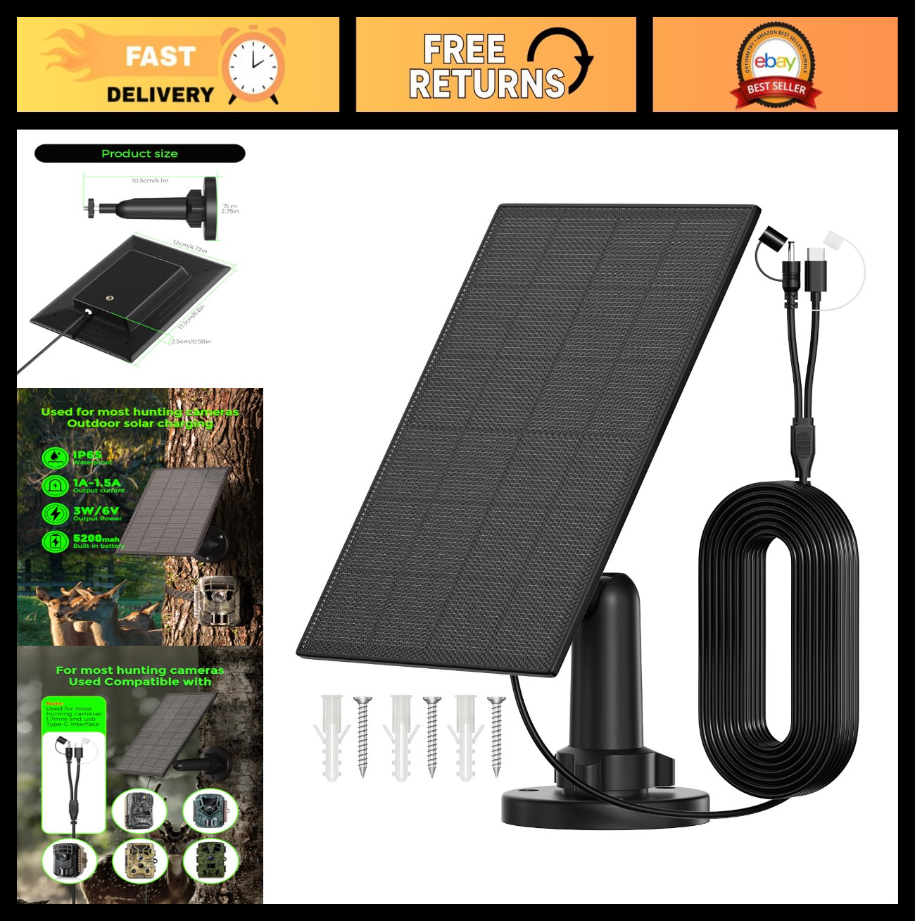 Solar Panel for Trail Camera 6V/1.5A, 5200mAh Battery Charger, IP66 Waterproof