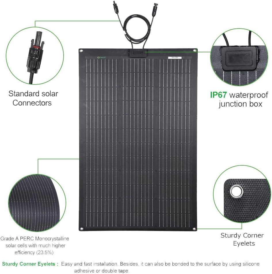 80W 12V Flexible Solar Panel ETFE Black Thin, Monocrystalline High Efficiency, S