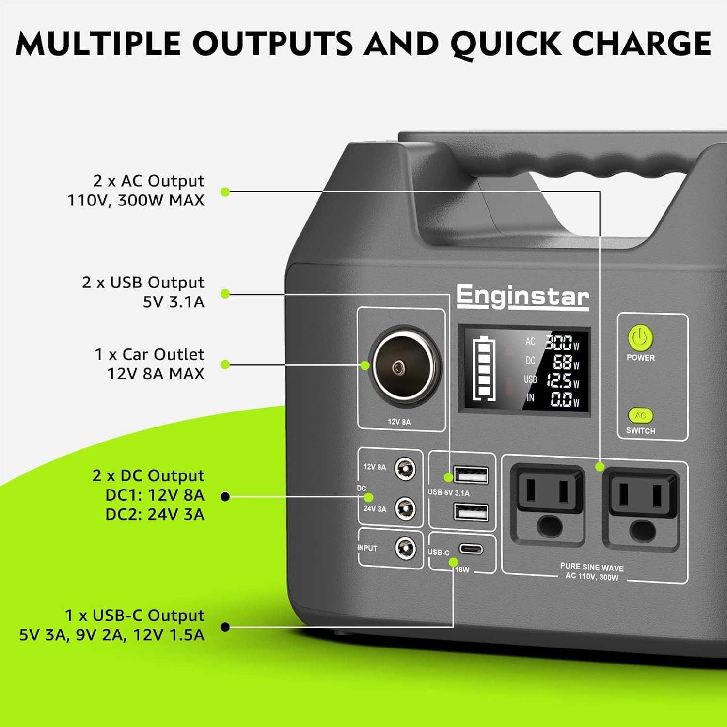 EnginStar 300W Portable Solar Generator 296Wh Backup Power
