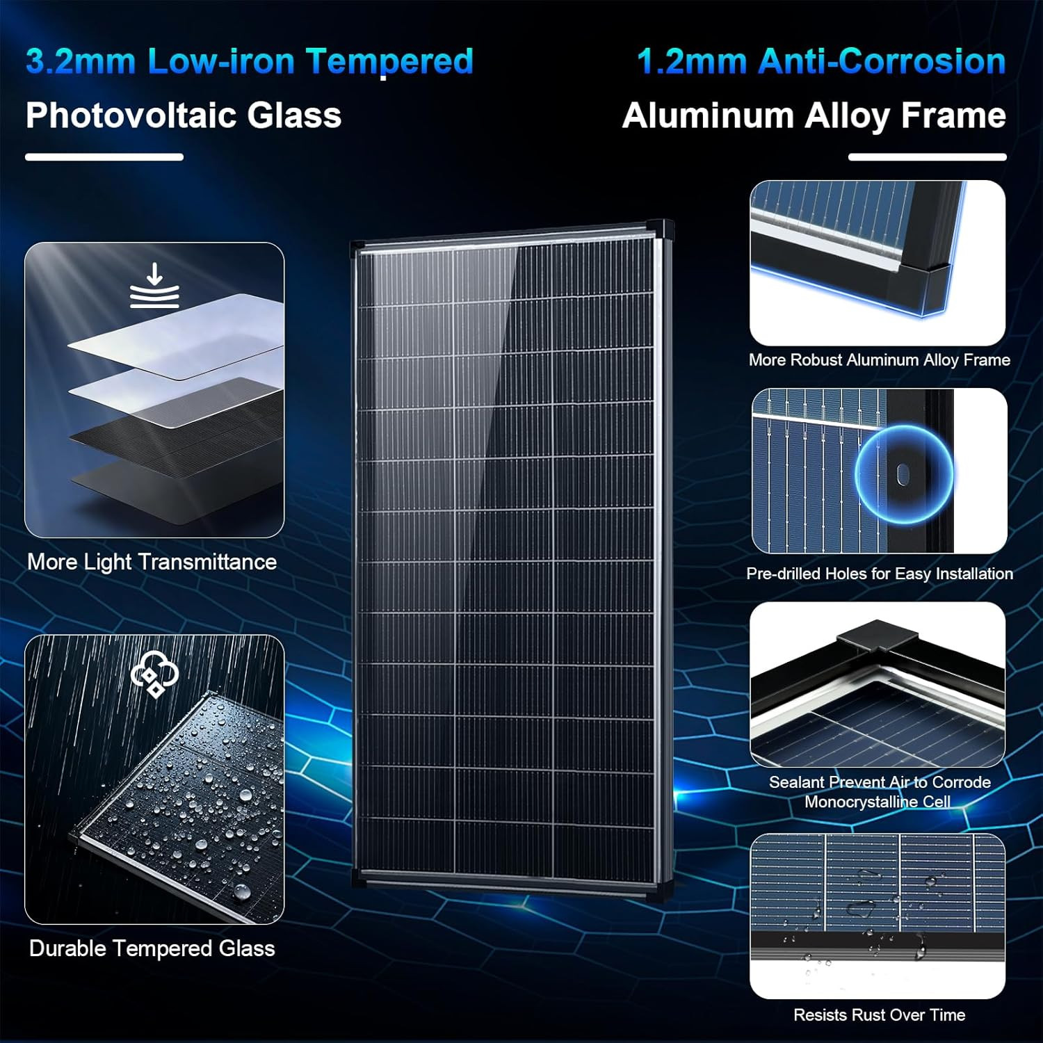 200 Watt Solar Panel,18Bb N-Type A+ Monocrystalline Cell 25% High Efficiency 200