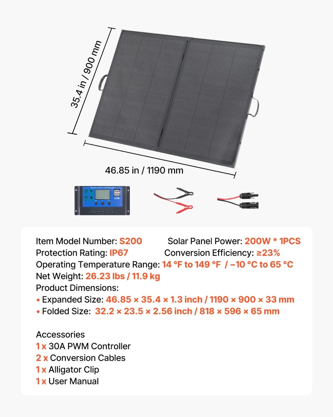 VEVOR 200W Foldable Solar Panel with Frame 23% High-Efficiency Portable Monocry