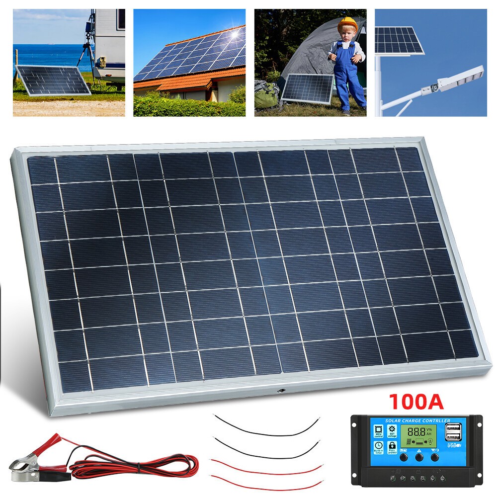 1/2PC Solar Panel 12V Solar Battery Trickle Charger 100A W/Controller Maintainer