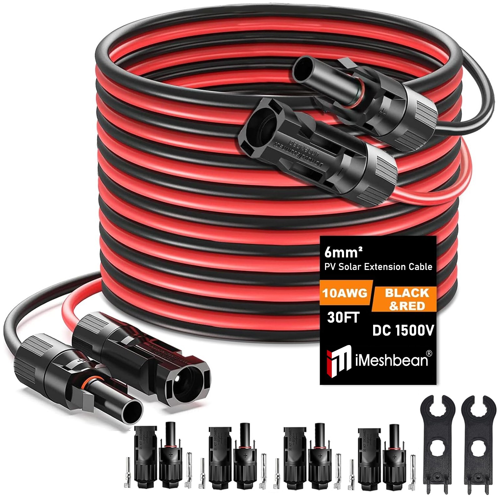 10 AWG 30 FT Solar Panel Extension Cable w/ Female / Male Connectors & Spanners