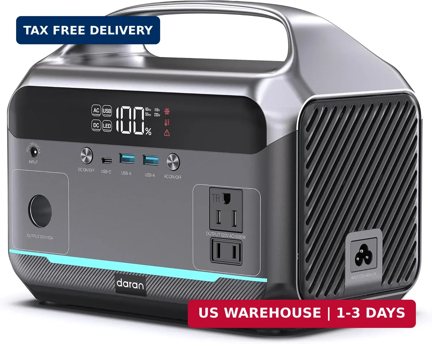 DARAN Portable Power Station 600W (1200W Peak), 288Wh Solar Generator LiFePO4 Ba