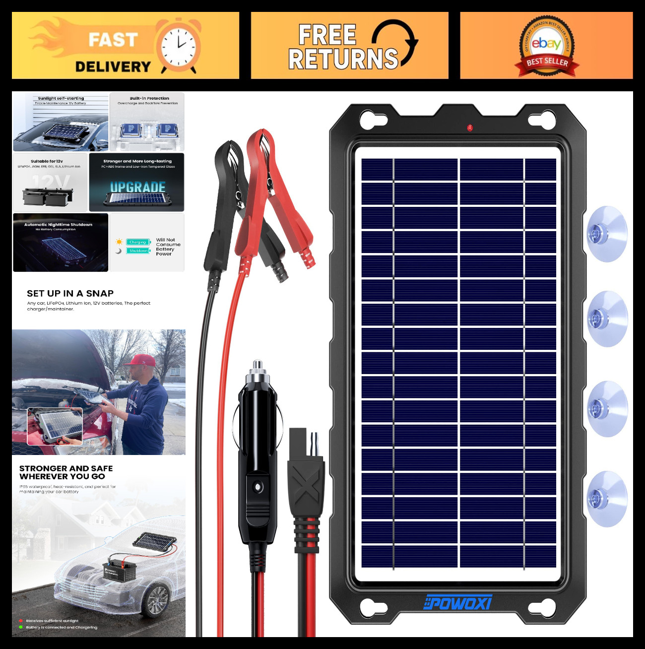 7.5W Solar Battery Trickle Charger 12V – Waterproof Portable Panel Kit for Car,