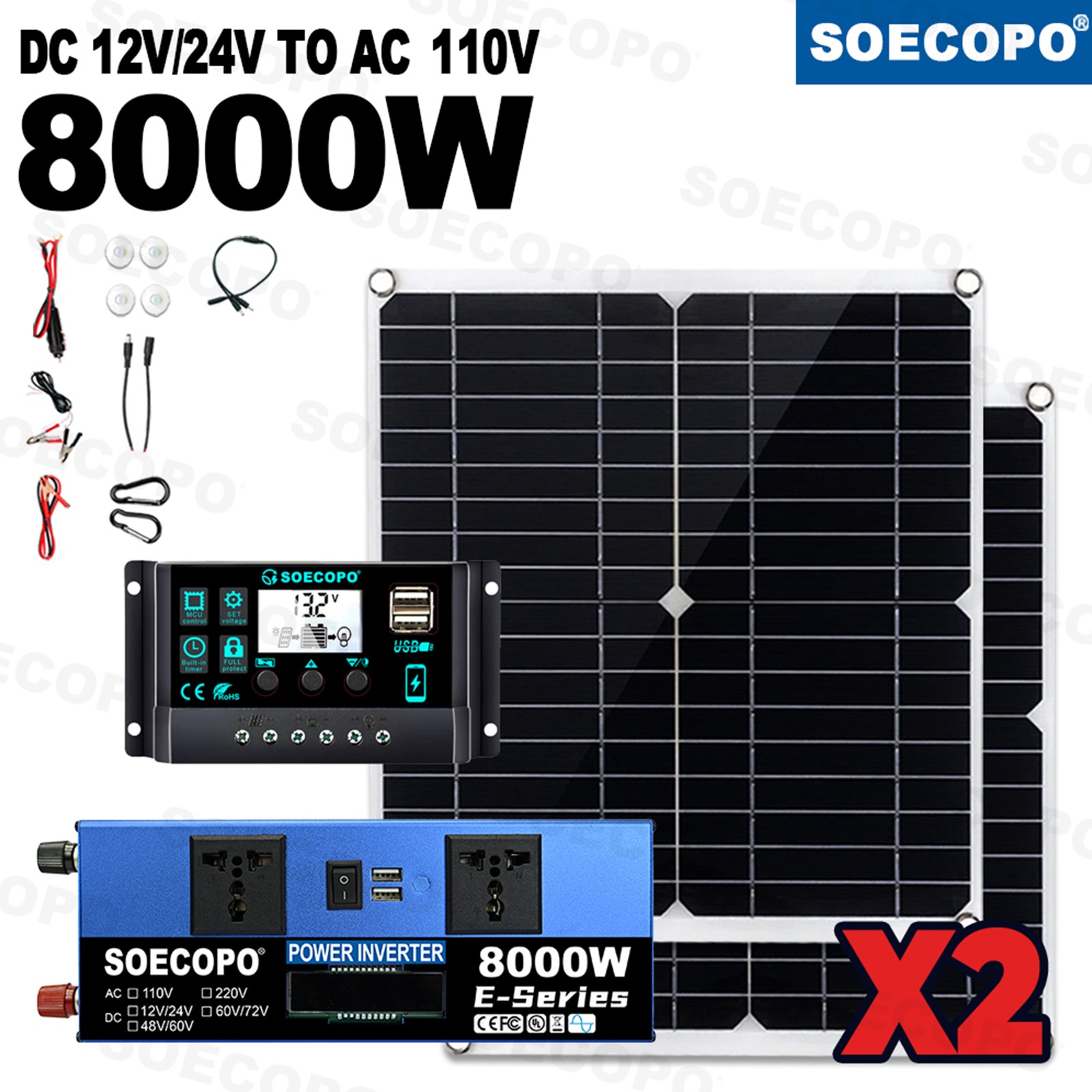 8000W Solar Inverter Kit (12V24V DC to 110V/220V AC) + 2pcs Solar Panels + 100A