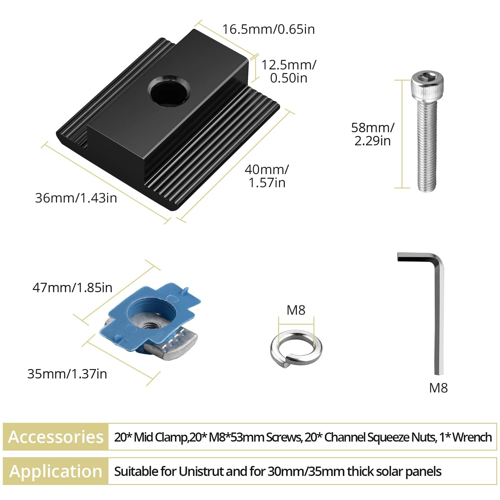 20pcs Solar Panels Mid Clamps for Unistrut, Aluminium 30mm/35mm Solar Panel B…