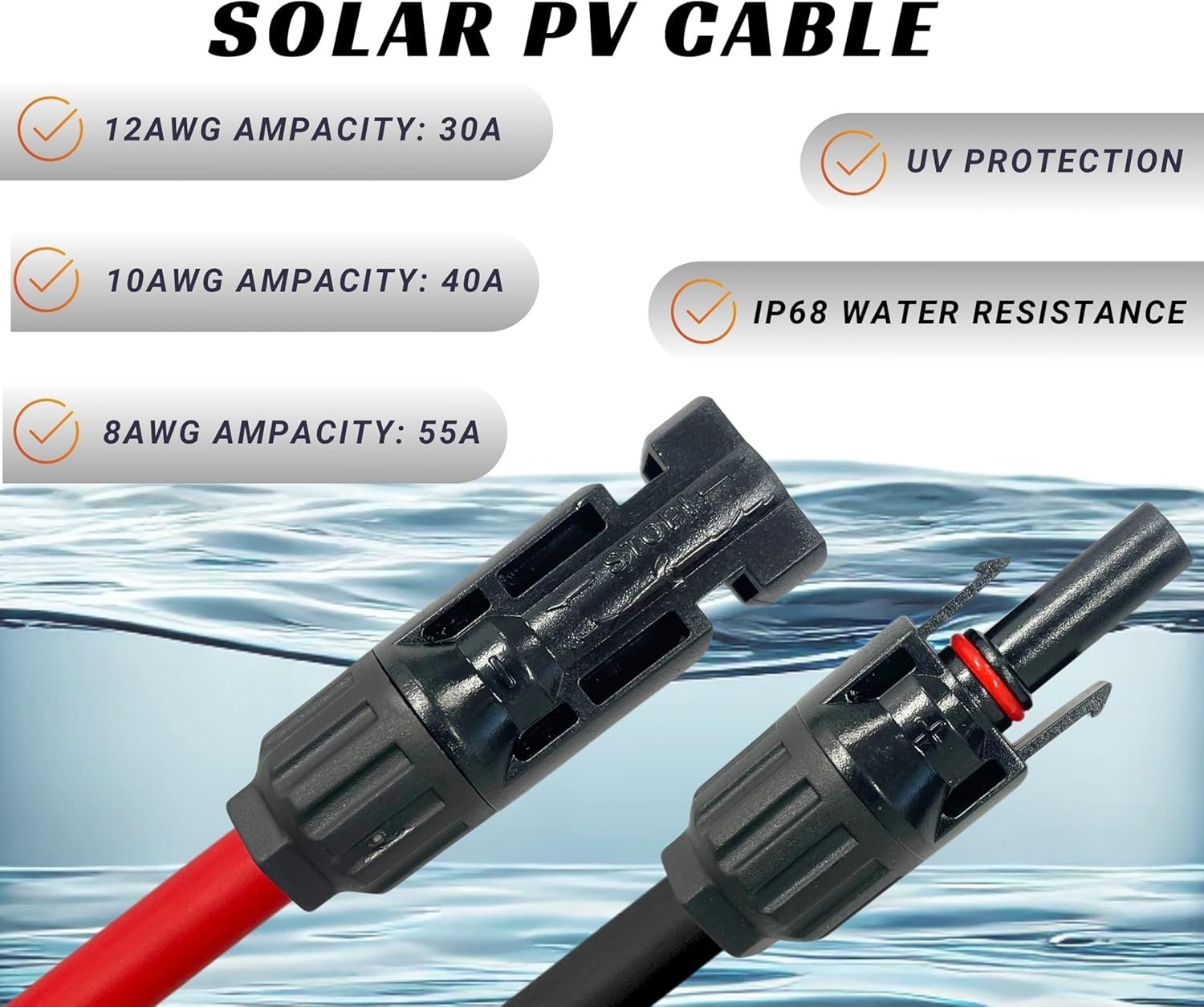 WindyNation 8 AWG 8 Gauge Pair 10 Feet Black + 10 Feet Red PV Photovoltaic Solar