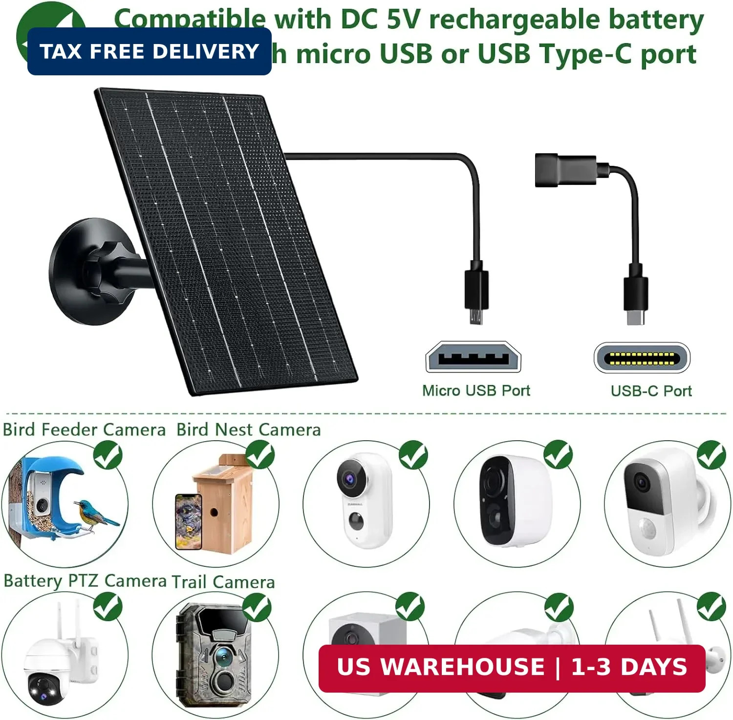 Zivif Solar Panel for Security Camera, 4W Solar Charger with Micro USB/USB-C Plu