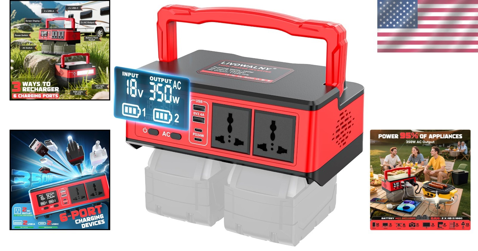 High-Value 350W Power Inverter: For Milwaukee 18V, 2 AC Outlets, 6-Port Charger