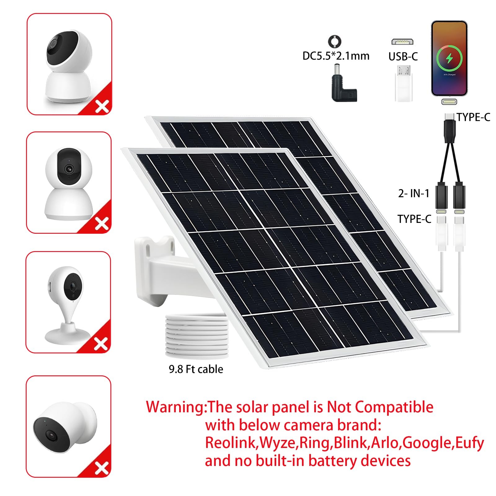 5V 16W Solar Panel 2-Pack IP65 Waterproof with USB-C/Micro USB/DC Ports 9.8ft…