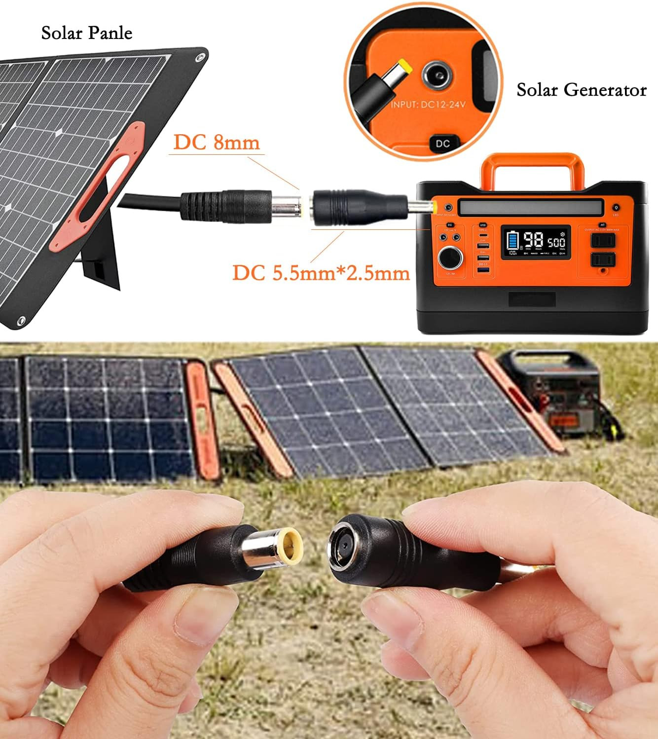 Solar Panel Adapter, DC7909 Female to DC5525 Male Connector, 8Mm to 5.5Mm