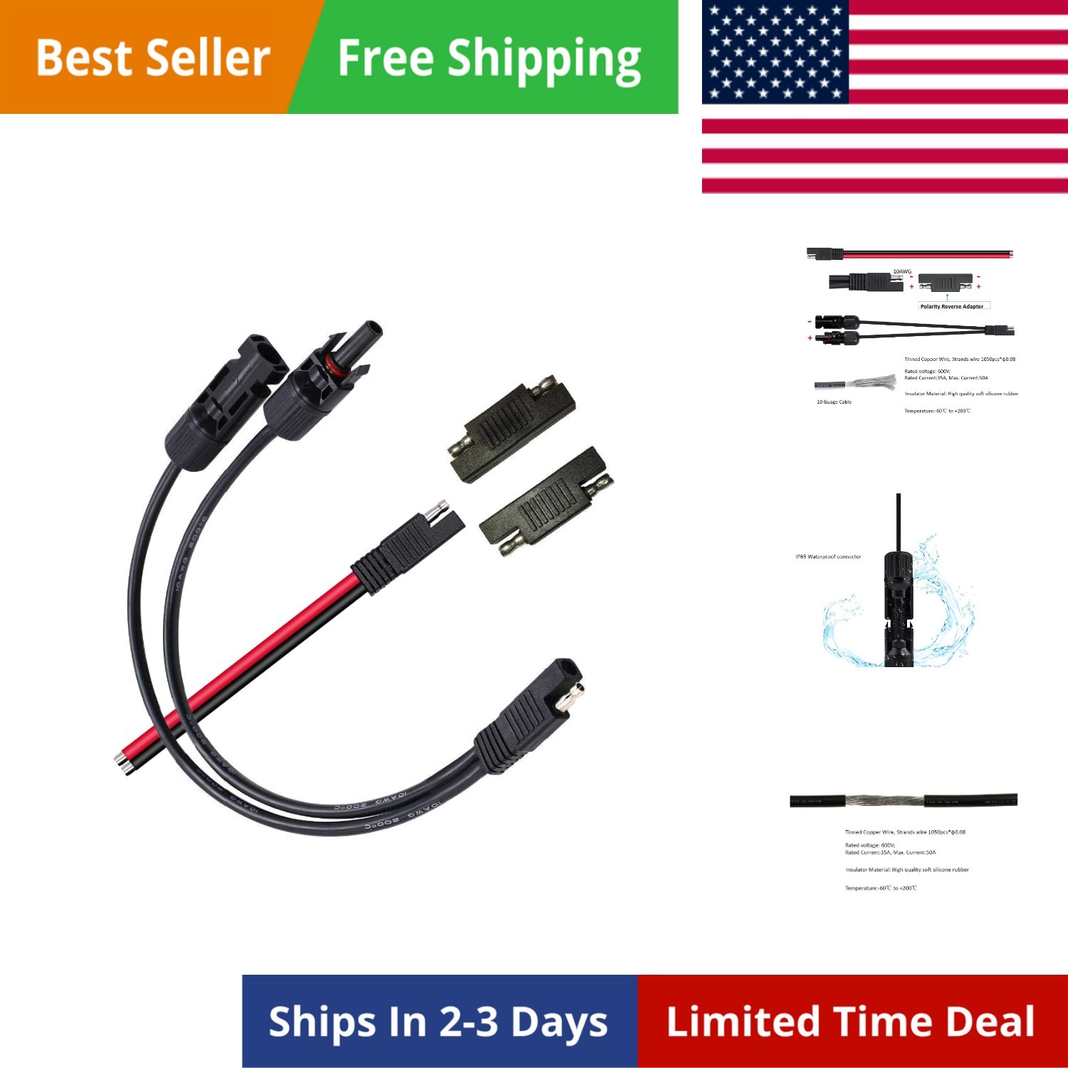 Solar Panel Connectors 10AWG Compatible with MC-4 Solar Connecter to SAE Adap…