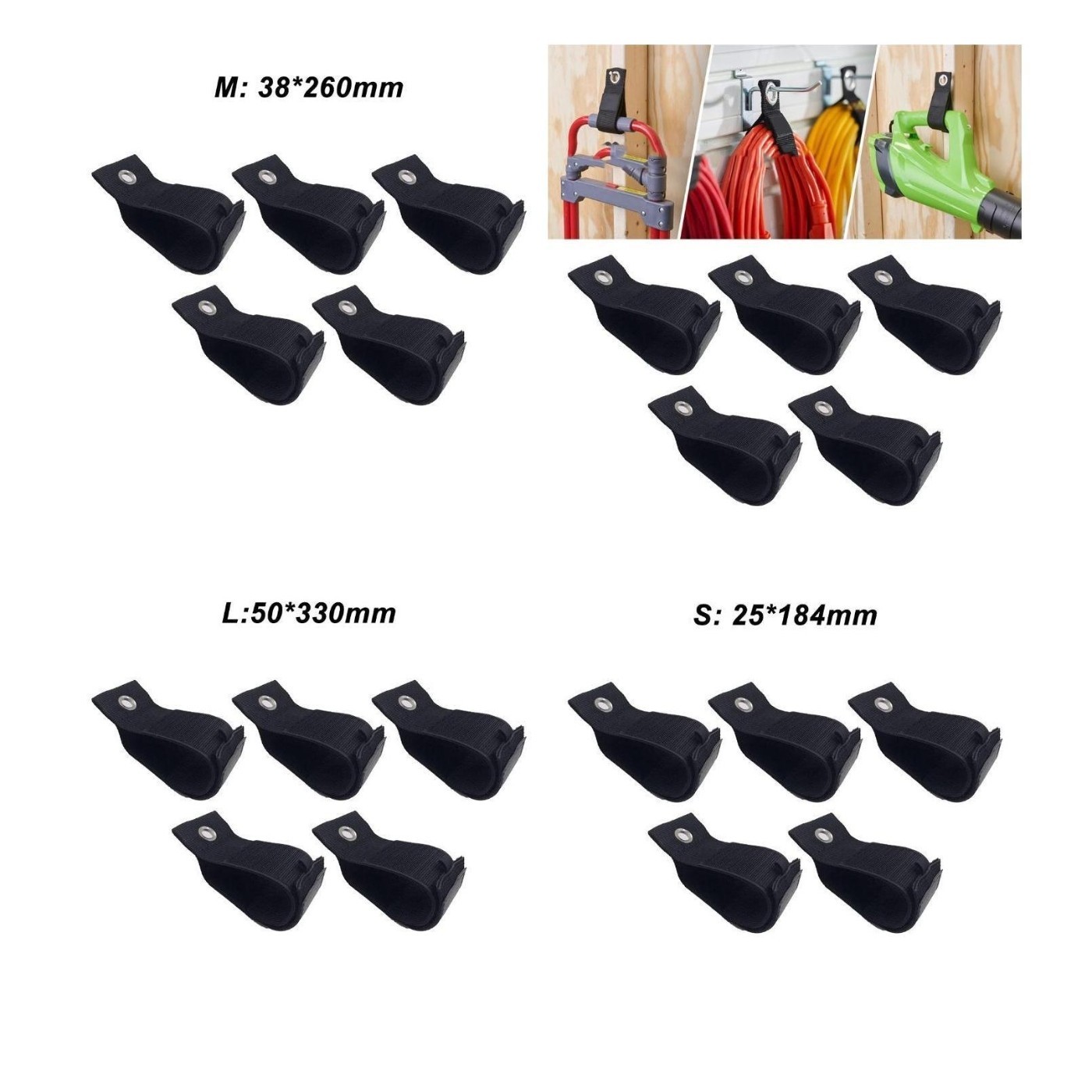 Set of 5 Black Storage Straps for Securing Cables in For Trucks Boats RVs