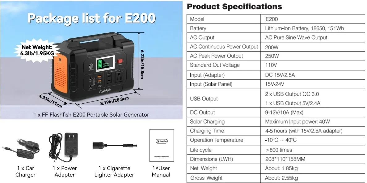 Flashfish E200 Portable Solar Generator 40800mAh 200W Power Station Outdoor Camp