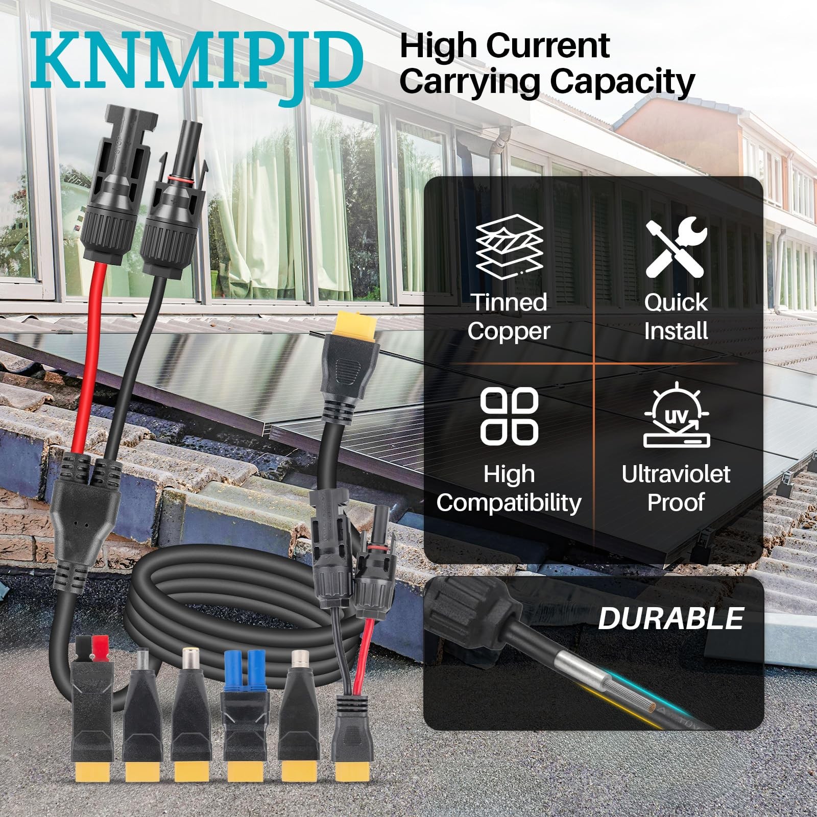 KNMIPJD 6-in-1 Solar Panel Connector Cable Kit, 14AWG Heavy-Duty 5FT, Black