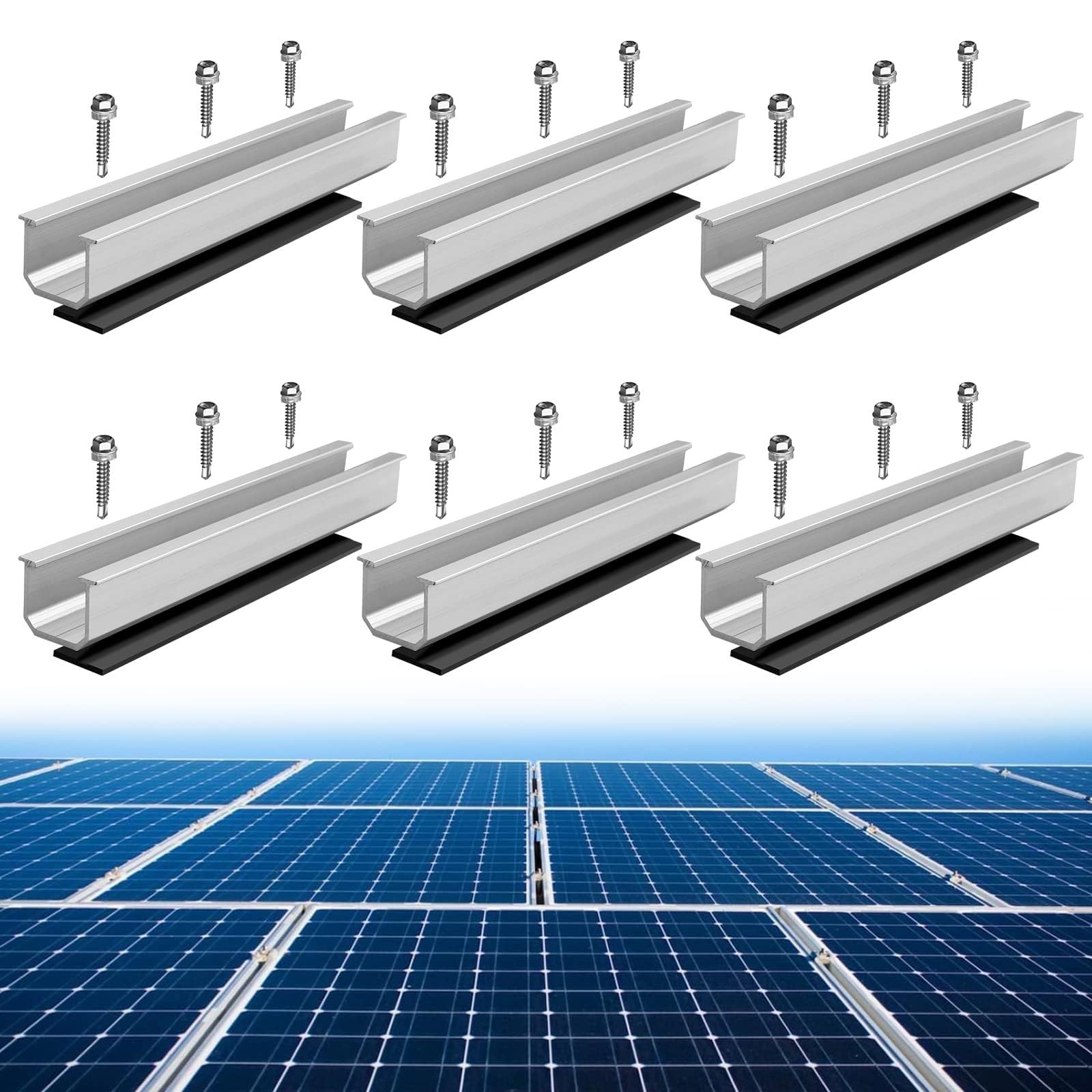 6Pcs Solar Panel Mounting Rail Kit, Aluminum Brackets with Screws & Pads for Roo