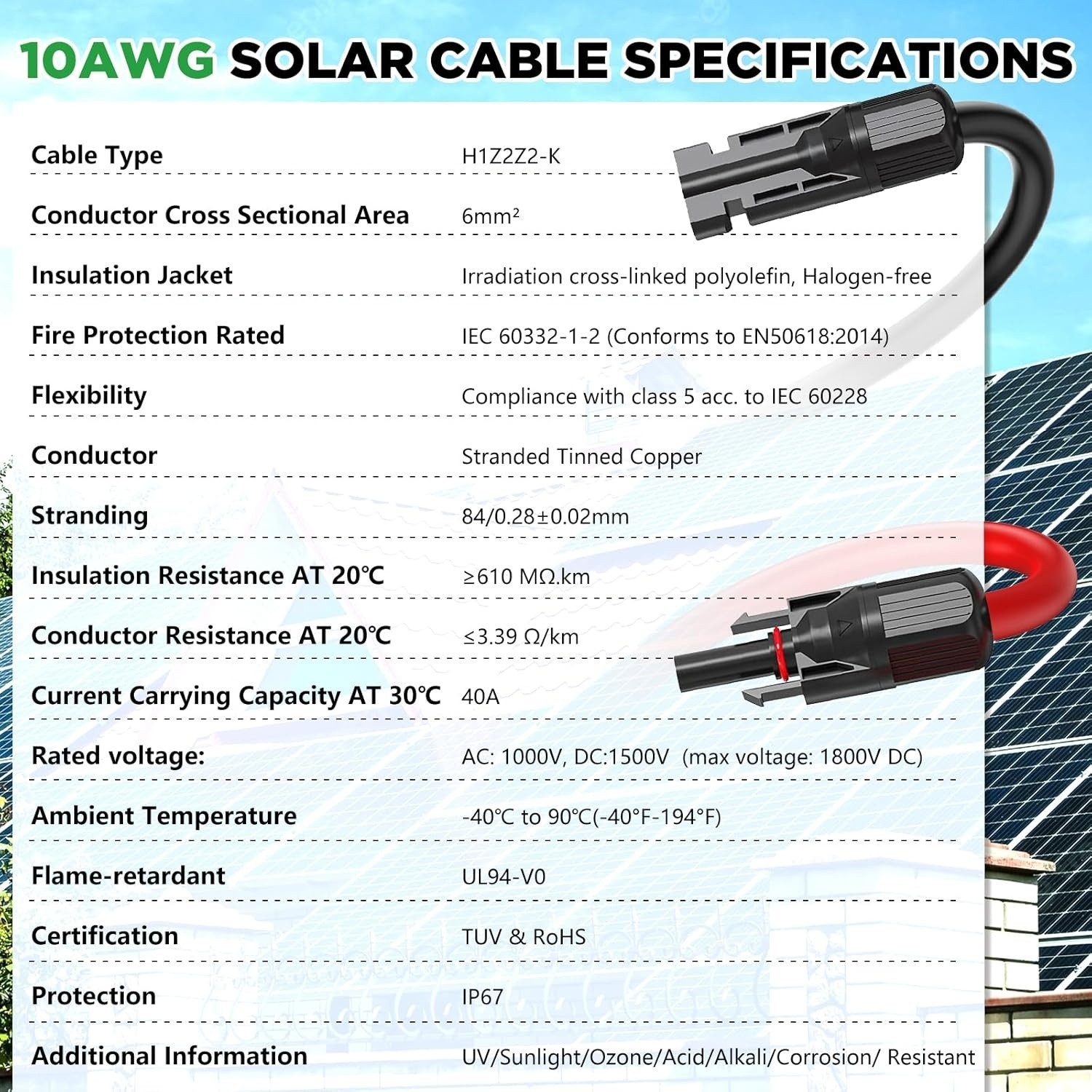 Solar Extension Cable 50Ft, Solar Wire 10AWG, 10 Gauge Tinned Copper PV Wire