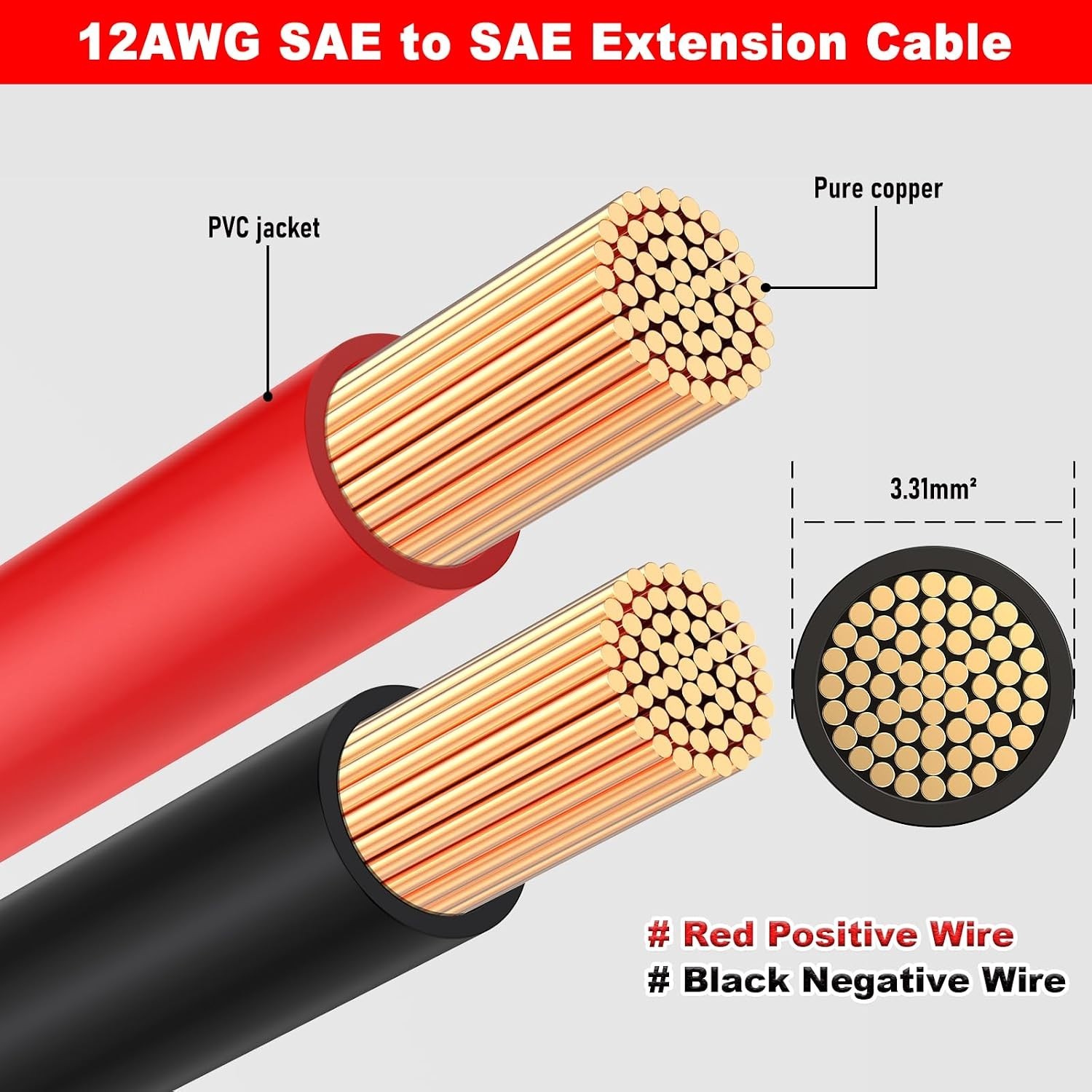 Versatile 5FT SAE Extension Cable, 12AWG Wiring for Motorcycle, RV & Solar Uses