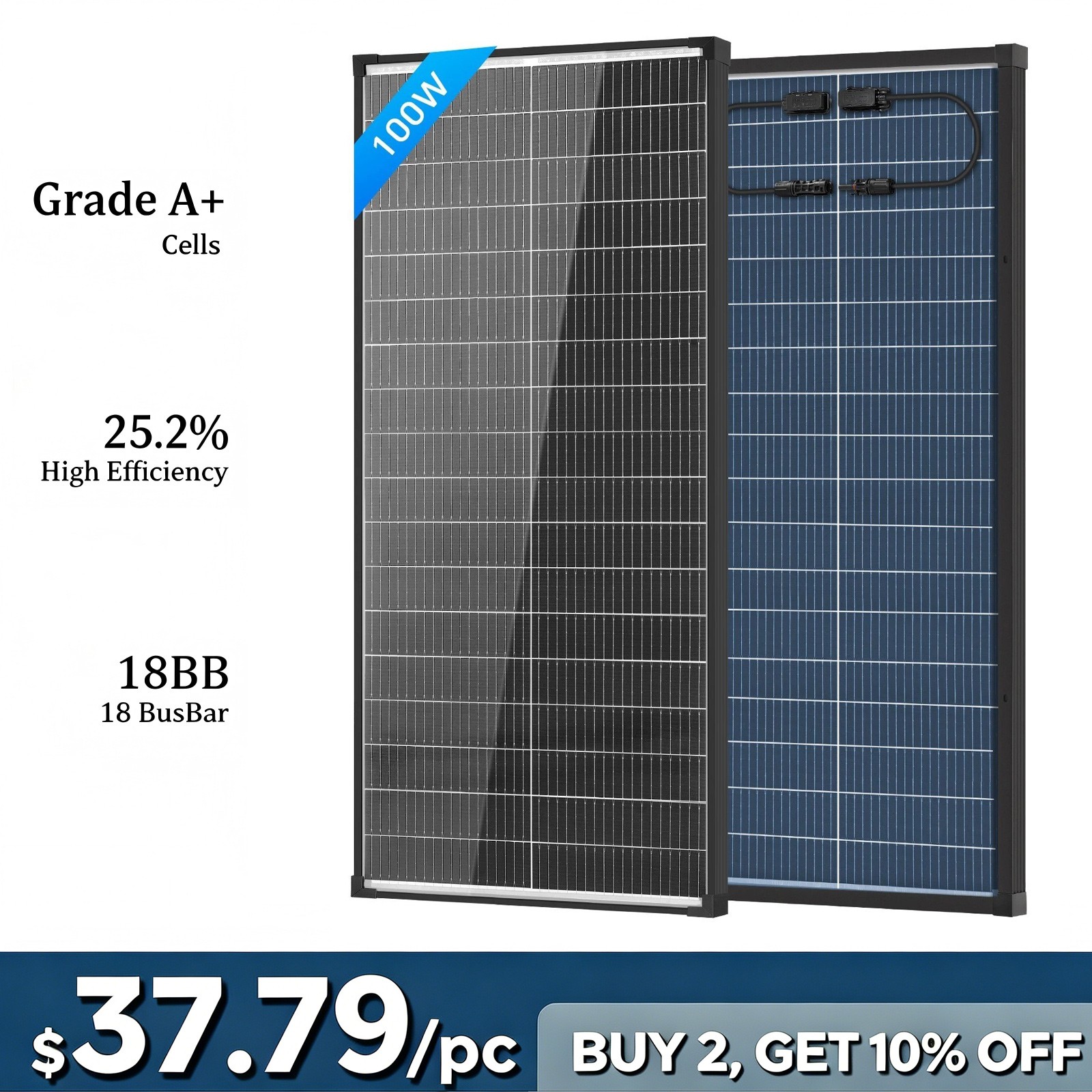 AeternaSol 100W Bifacial Solar Panel Mono N-Type Battery Home Roof RV Off Grid